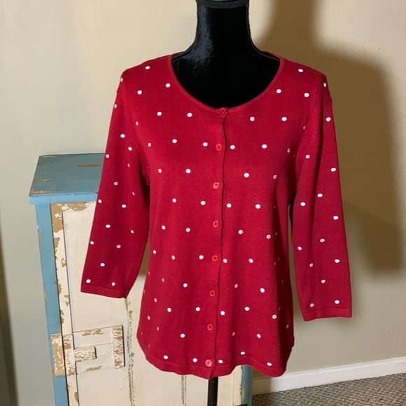 Vintage Baxter&Wells 3/4 Sleeve Red Cardigan with White Embroidered Dots. Size M - Picture 1 of 8
